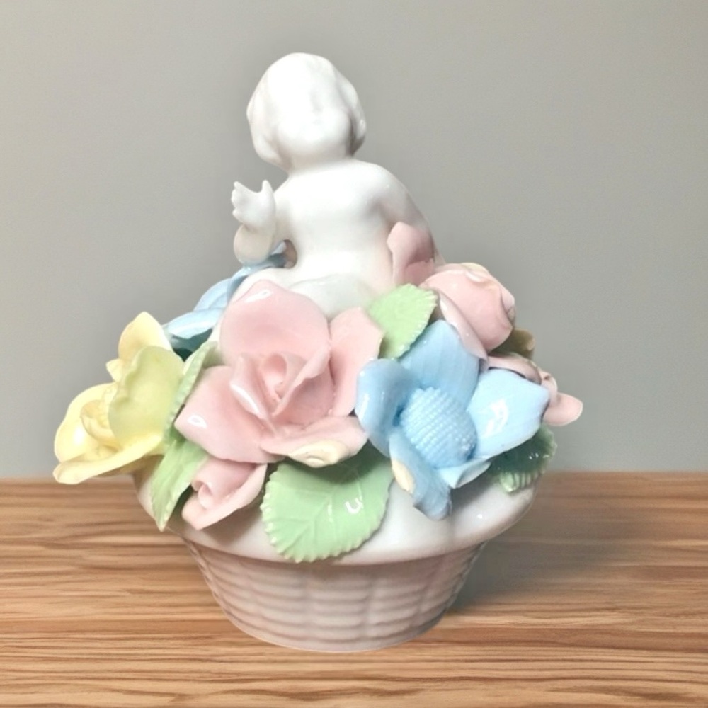 Vintage 60s Porcelain Cherub & Pastel Flower Basket Figurine Romantic Decor